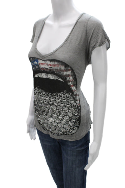 Lauren Moshi Womens Gray V-Neck Graphic Cotton Short Sleeve T-Shirt Size S