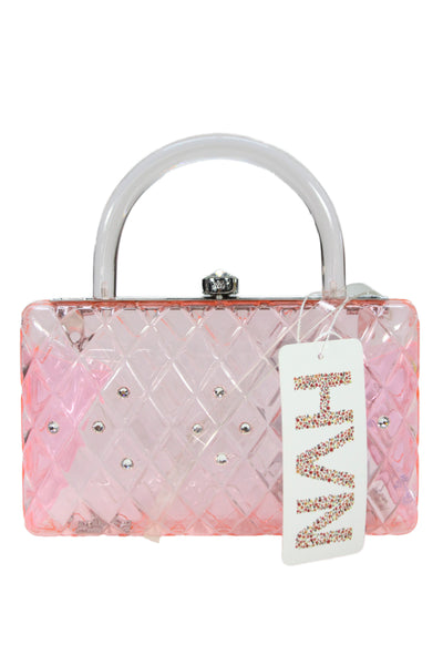 HVN Womens Framed Top Handle Quilted Rhinestone Rio Resin Clutch Handbag Pink