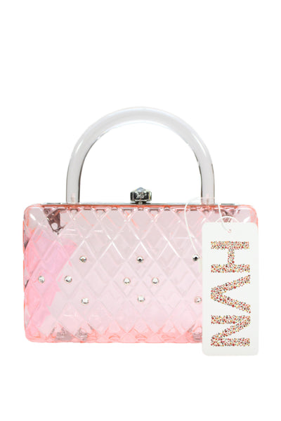 HVN Womens Framed Top Handle Quilted Rhinestone Rio Resin Clutch Handbag Pink