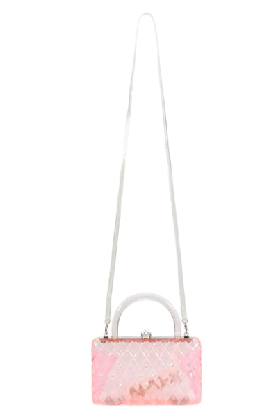 HVN Womens Framed Top Handle Quilted Rhinestone Rio Resin Clutch Handbag Pink