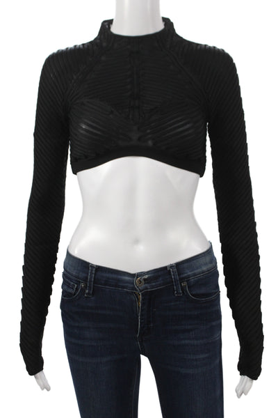 Herve Leger Women Cropped Black High Neck Long Sleeve Zip Top Polyester Size S