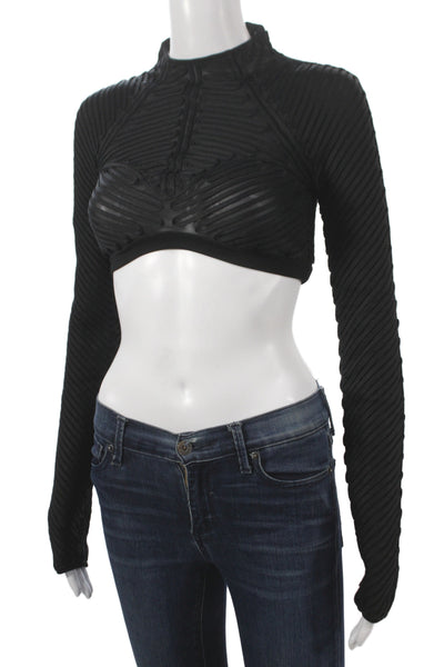 Herve Leger Women Cropped Black High Neck Long Sleeve Zip Top Polyester Size S