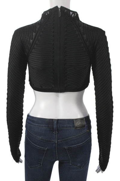 Herve Leger Women Cropped Black High Neck Long Sleeve Zip Top Polyester Size S