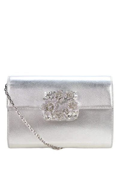 Roger Vivier Womens Metallic Leather Crystal Flap Shoulder Handbag Silver Tone