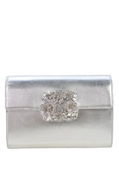Roger Vivier Womens Metallic Leather Crystal Flap Shoulder Handbag Silver Tone