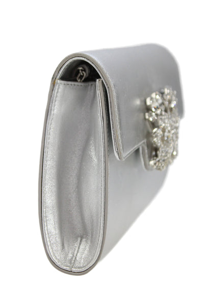 Roger Vivier Womens Metallic Leather Crystal Flap Shoulder Handbag Silver Tone
