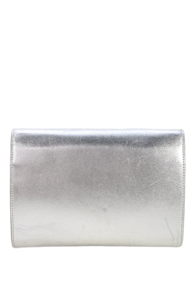 Roger Vivier Womens Metallic Leather Crystal Flap Shoulder Handbag Silver Tone