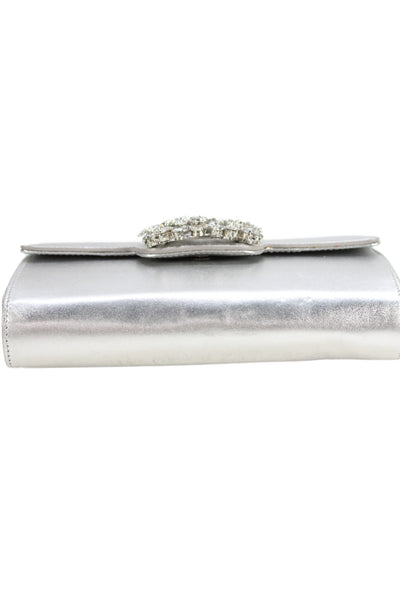 Roger Vivier Womens Metallic Leather Crystal Flap Shoulder Handbag Silver Tone