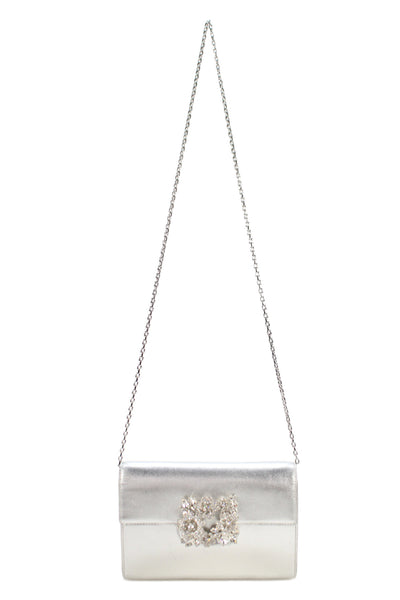 Roger Vivier Womens Metallic Leather Crystal Flap Shoulder Handbag Silver Tone