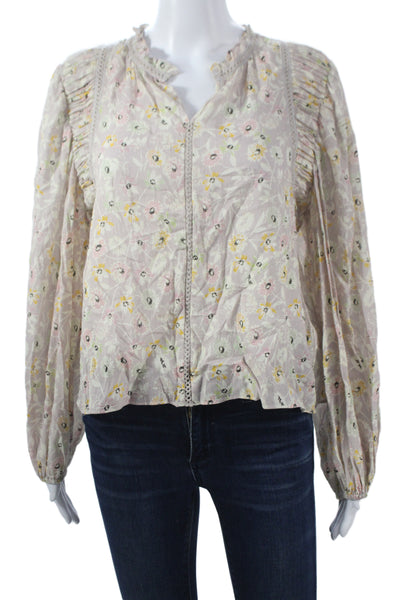 The Westside Womens Boho Floral Cotton Long Sleeve Blouse Beige Size S