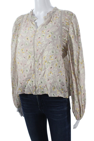 The Westside Womens Boho Floral Cotton Long Sleeve Blouse Beige Size S