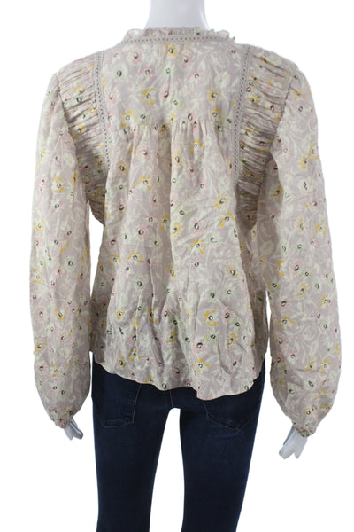 The Westside Womens Boho Floral Cotton Long Sleeve Blouse Beige Size S