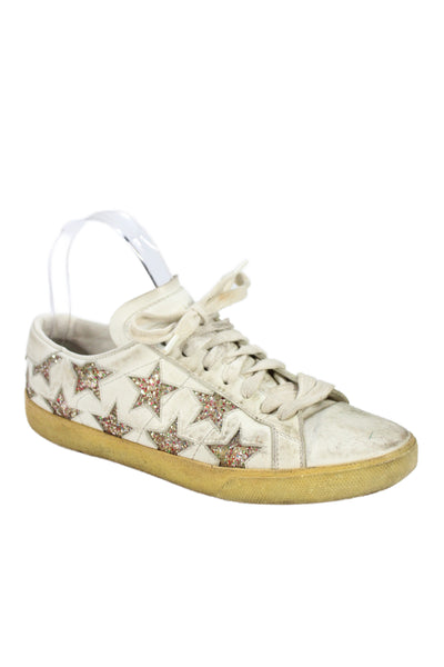 Saint Laurent Womens Lace Up Glitter Star Low Top Sneakers White Leather Size 37