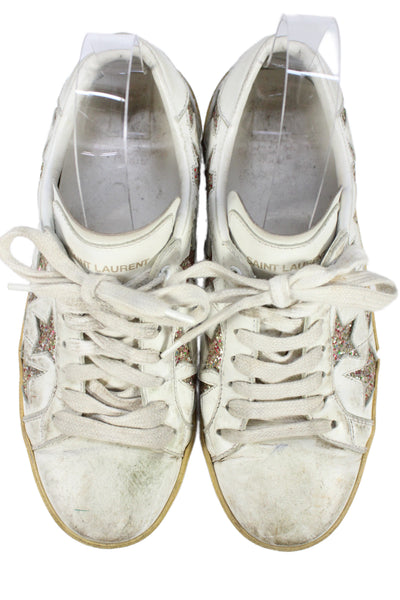 Saint Laurent Womens Lace Up Glitter Star Low Top Sneakers White Leather Size 37