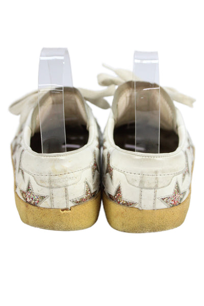 Saint Laurent Womens Lace Up Glitter Star Low Top Sneakers White Leather Size 37