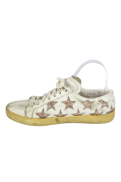 Saint Laurent Womens Lace Up Glitter Star Low Top Sneakers White Leather Size 37