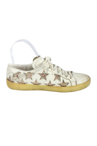 Saint Laurent Womens Lace Up Glitter Star Low Top Sneakers White Leather Size 37