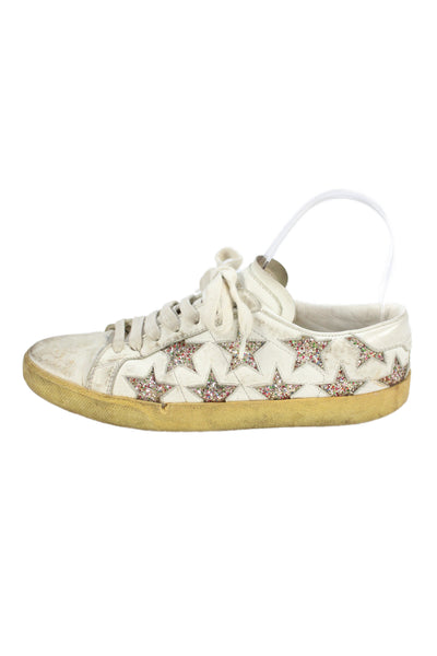 Saint Laurent Womens Lace Up Glitter Star Low Top Sneakers White Leather Size 37