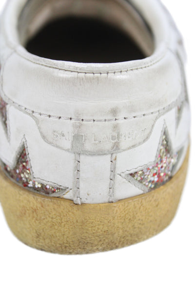Saint Laurent Womens Lace Up Glitter Star Low Top Sneakers White Leather Size 37