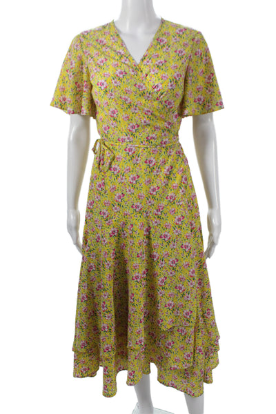 Roller Rabbit Women Floral V-Neck Short Sleeve Knee Length Yellow Dress Size S