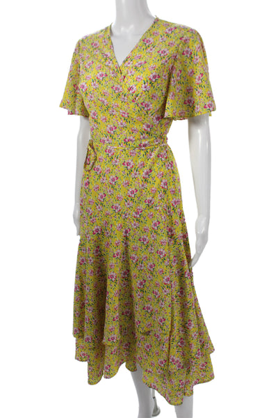 Roller Rabbit Women Floral V-Neck Short Sleeve Knee Length Yellow Dress Size S