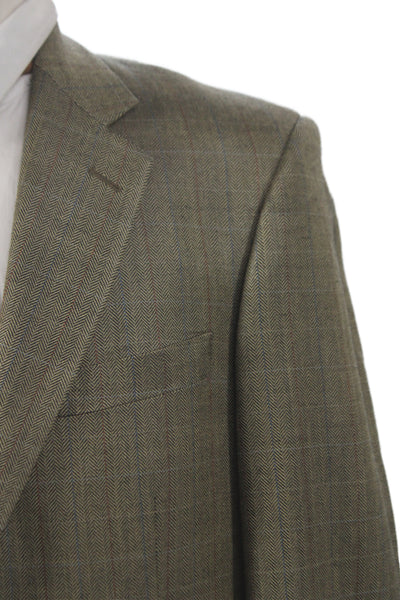 Pronto Uomo Mens Green Herringbone Wool Suit Jacket Button Size 40