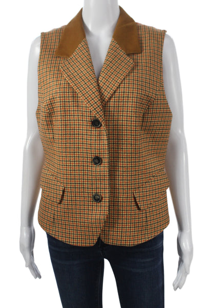 Laurel Womens Brown Check Collared Sleeveless Wool Vest Button Size 42
