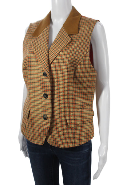 Laurel Womens Brown Check Collared Sleeveless Wool Vest Button Size 42