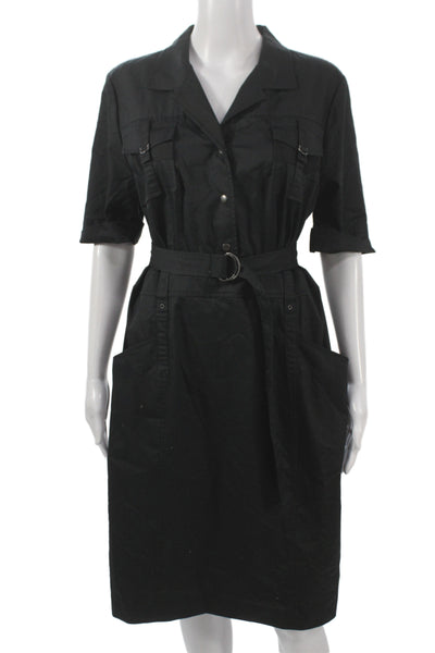 Elie Tahari Women Shirt Dress Black Collared Buckle Short Sleeve Army Size 14