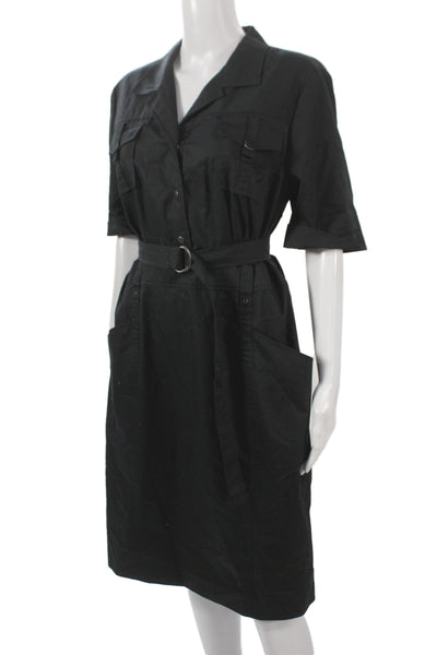 Elie Tahari Women Shirt Dress Black Collared Buckle Short Sleeve Army Size 14