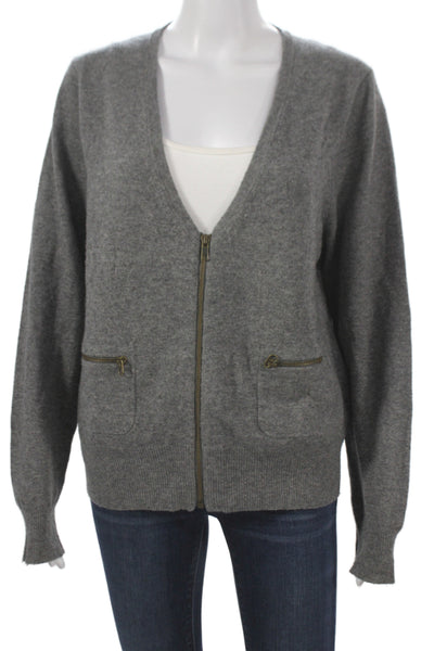 J Crew Unisex Gray Wool Cashmere Full Zip Cardigan V Neck Long Sleeve Size M