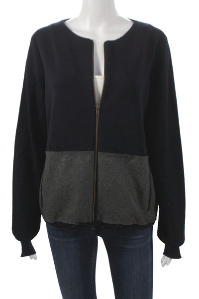 J Crew Women Navy Wool Cotton Jacket Solid Long Sleeve Round Neck Zip Size M