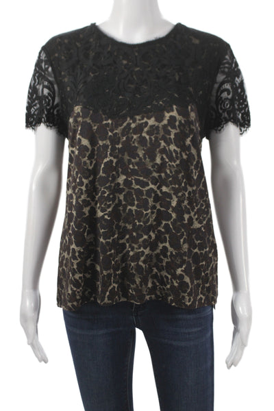 Elie Tahari Women Black Leopard Cotton Round Neck Short Sleeve Blouse Size L