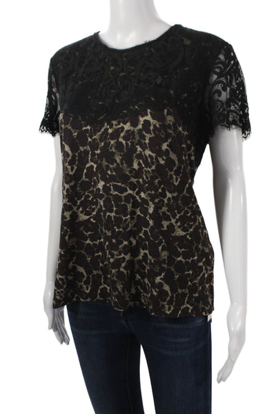 Elie Tahari Women Black Leopard Cotton Round Neck Short Sleeve Blouse Size L