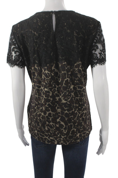 Elie Tahari Women Black Leopard Cotton Round Neck Short Sleeve Blouse Size L