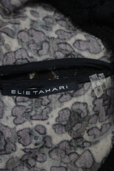 Elie Tahari Women Black Leopard Cotton Round Neck Short Sleeve Blouse Size L