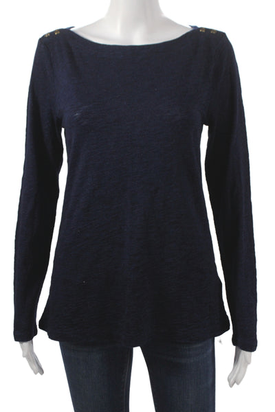 J Crew Women Blouse Dark Blue Cotton Round Neck Long Sleeve Geometric Size L