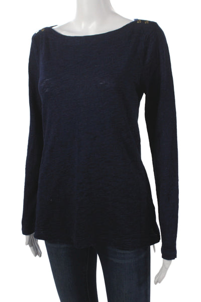J Crew Women Blouse Dark Blue Cotton Round Neck Long Sleeve Geometric Size L