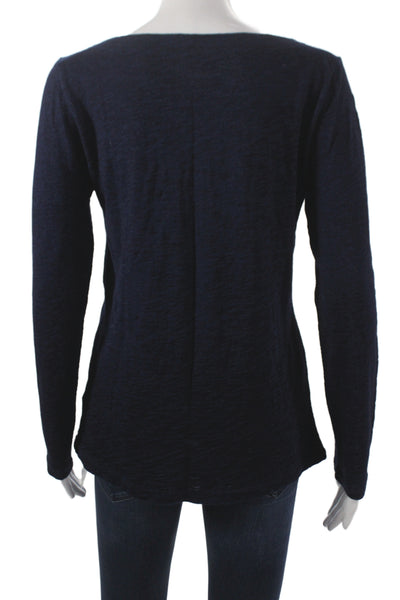 J Crew Women Blouse Dark Blue Cotton Round Neck Long Sleeve Geometric Size L