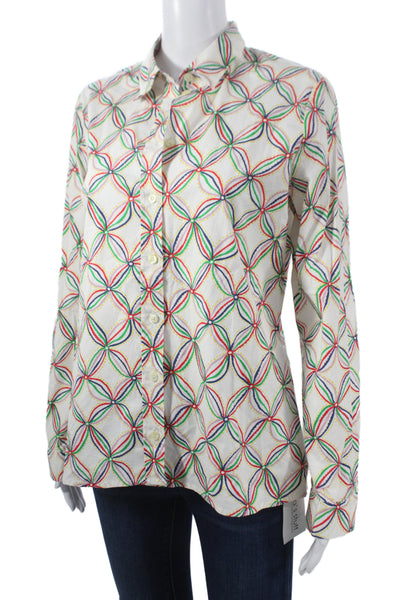 J Crew Women Blouse Dark Blue Cotton Round Neck Long Sleeve Geometric Size L