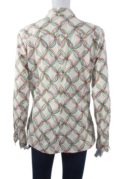 J Crew Women Blouse Dark Blue Cotton Round Neck Long Sleeve Geometric Size L