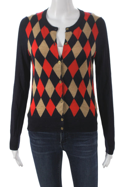 J Crew Women Beige Merino Argyle Cardigan Button Crewneck Long Sleeve Size S
