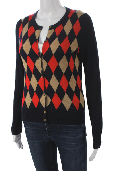 J Crew Women Beige Merino Argyle Cardigan Button Crewneck Long Sleeve Size S