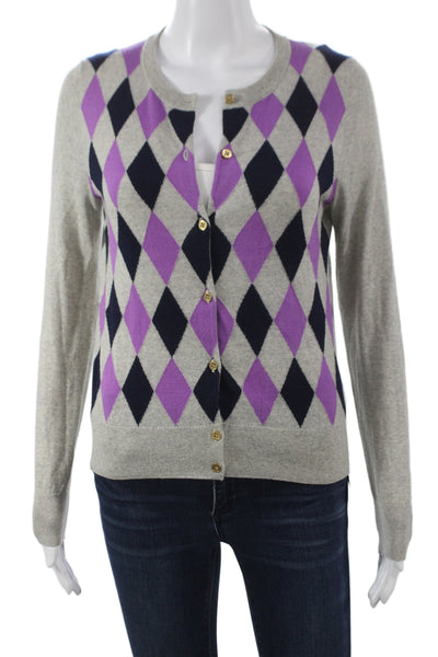 J Crew Women Cardigan Gray Merino Argyle Crewneck Button Long Sleeve Size S