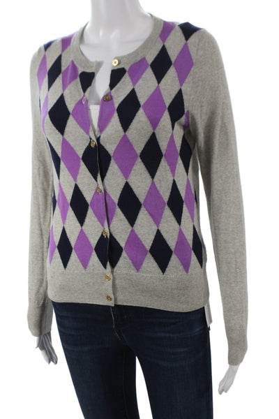 J Crew Women Cardigan Gray Merino Argyle Crewneck Button Long Sleeve Size S