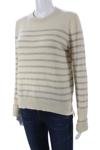La Ligne Unisex 100% Cashmere Striped Pullover Sweater Beige Crew Neck Size XS