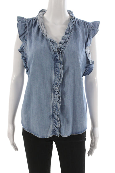 Frame Women Basic Cotton V-Neck Sleeveless Blouse Blue Button Size M