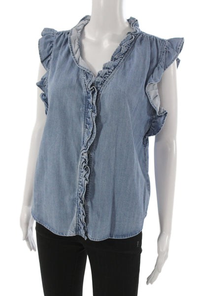Frame Women Basic Cotton V-Neck Sleeveless Blouse Blue Button Size M