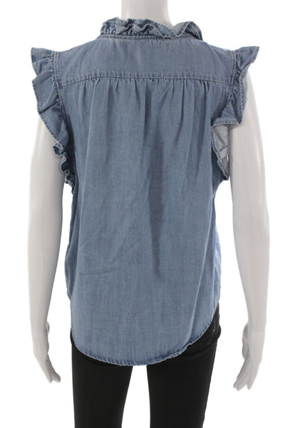 Frame Women Basic Cotton V-Neck Sleeveless Blouse Blue Button Size M