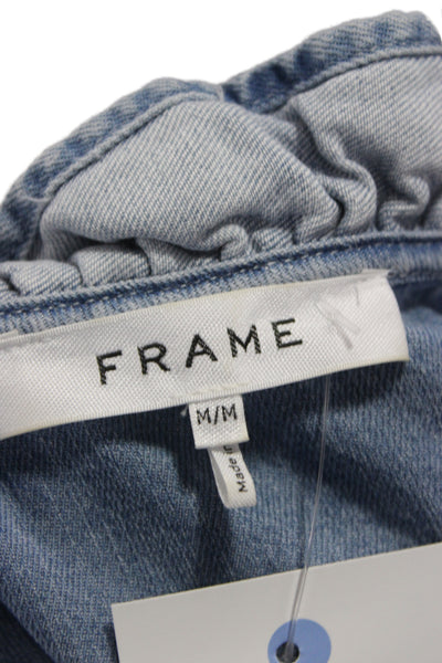 Frame Women Basic Cotton V-Neck Sleeveless Blouse Blue Button Size M